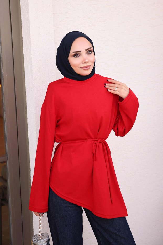 تونيك أحمر بقصة غير متماثلة مع أربطة عند الخصر