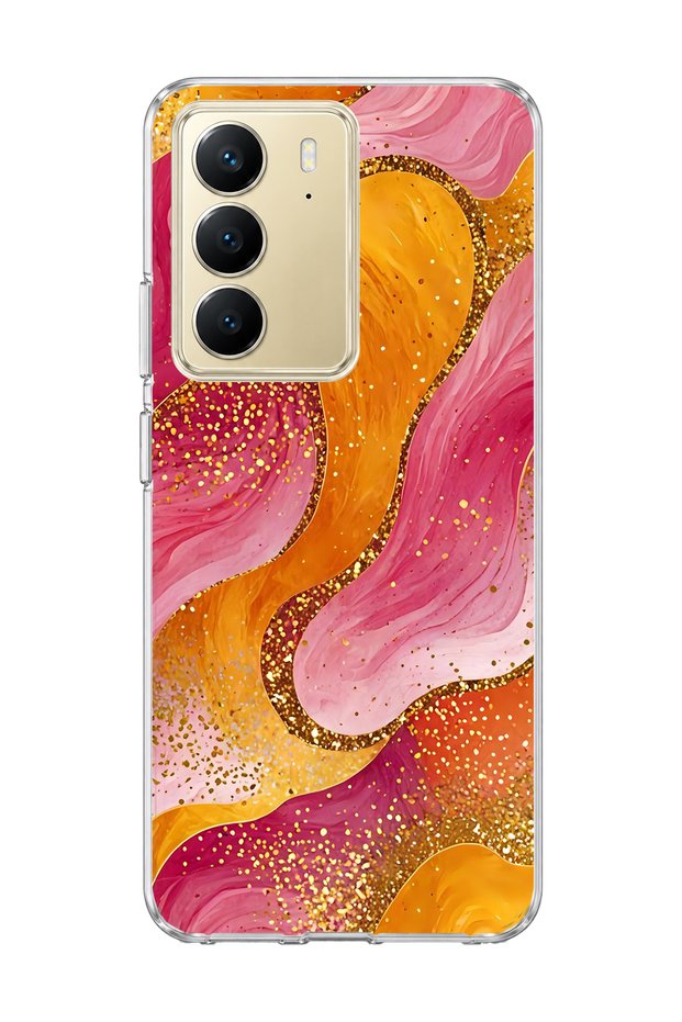 Realme C75 Compatible Gold Glitter Wave Printed Transparent Phone Case