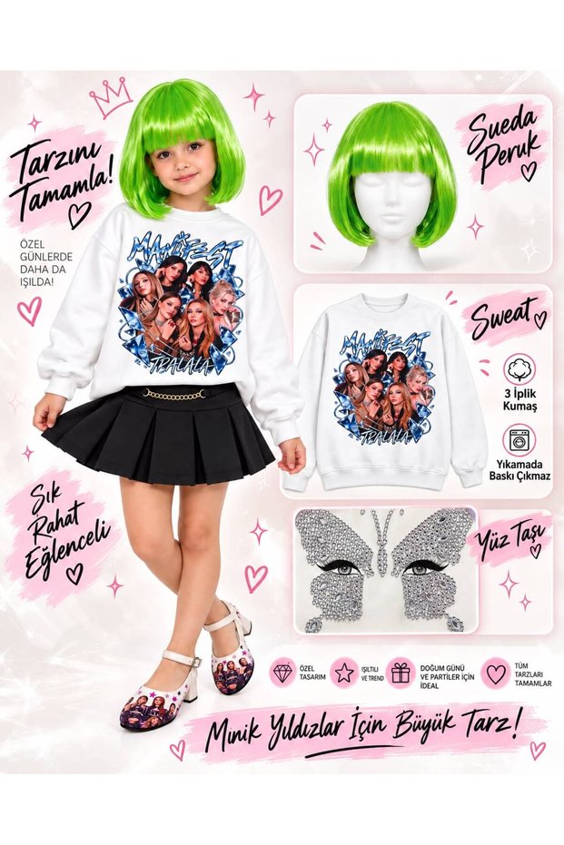 Girl's Sweatshirt with Manifest Print, 3-Thread Sweatshirt + Manifest Sueda Green Wig + Face Stone (Resistant to Washing and Drying)