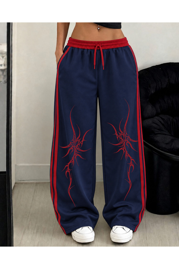 Navy Blue Red Striped High Waist Grunge Printed Oversize Sweatpants