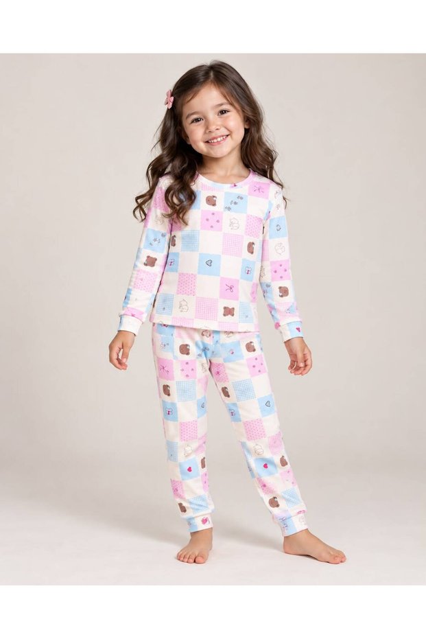 Girl's square patterned long sleeve cotton pajama set