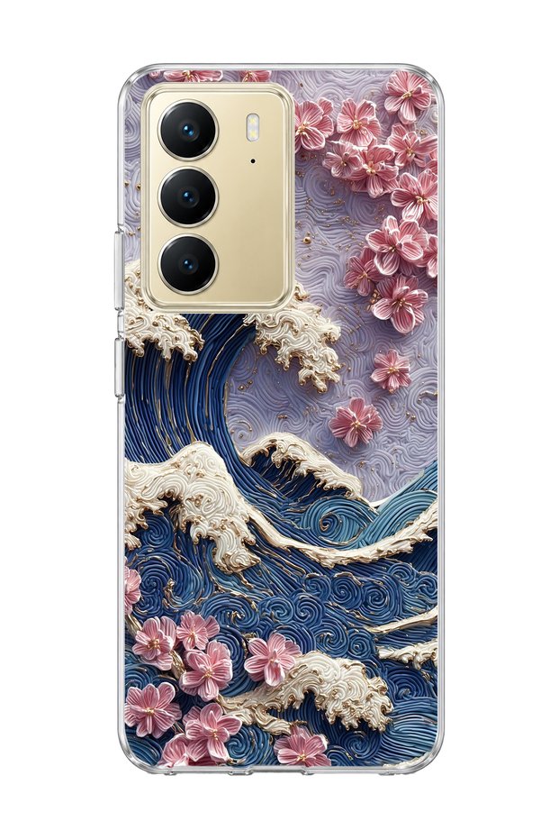 Realme C75 Compatible Wave and Cherry Blossom Printed Transparent Phone Case