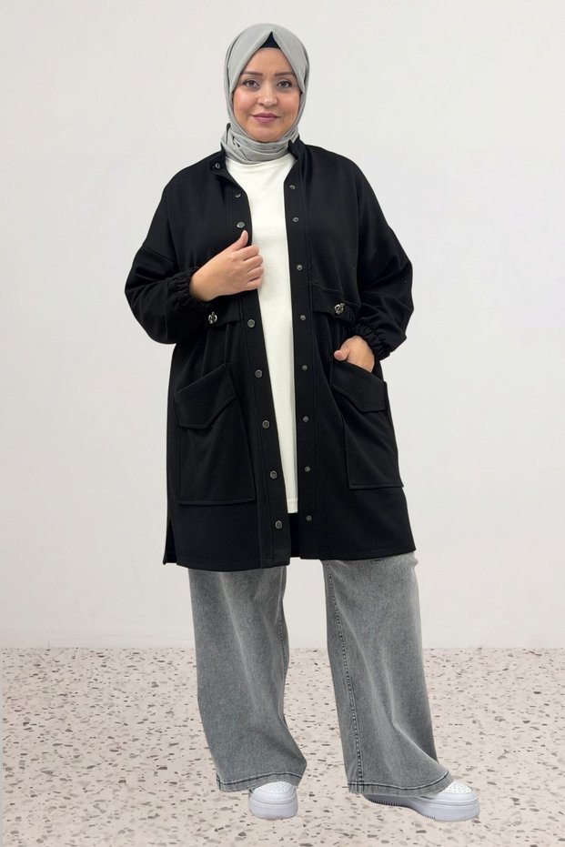 63025 Large Size Snap Detailed Modal Cap - Black