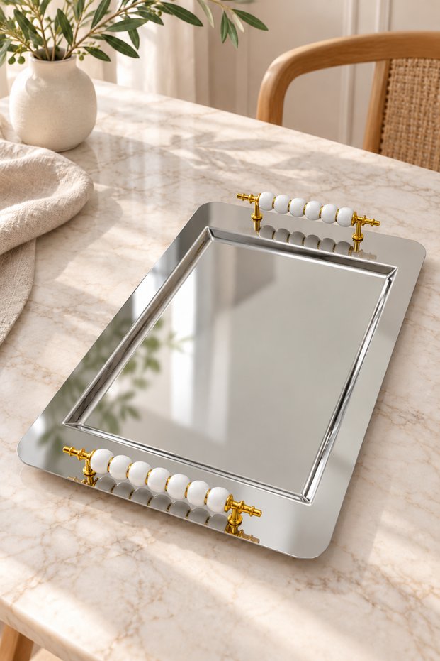 Damla Çelik Tea Coffee Breakfast and Presentation Tray 48 X 28 cm White with Beaded Handle and Gold Detail