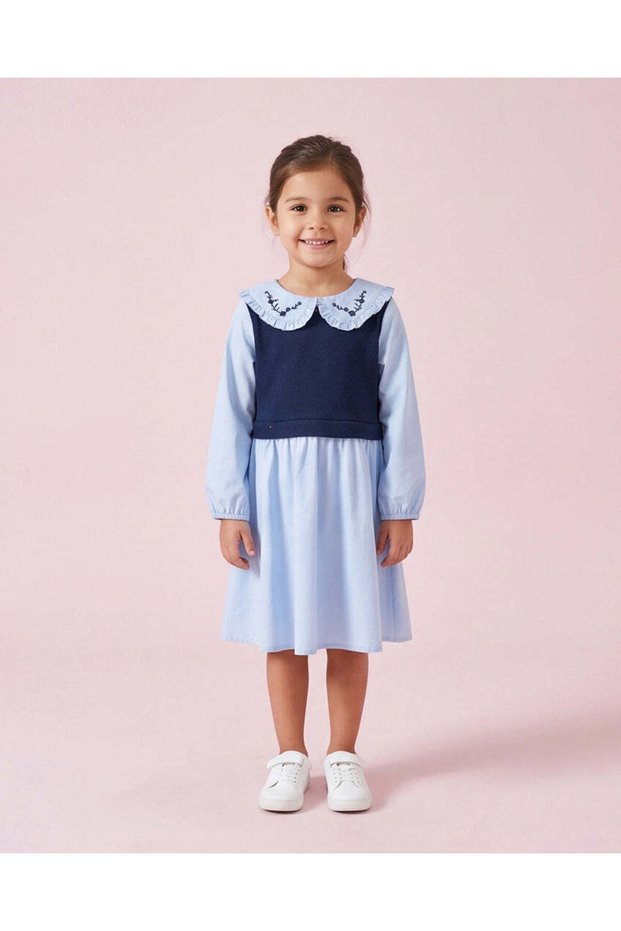 Girls Blue Embroidered Collar Long Sleeve Dress