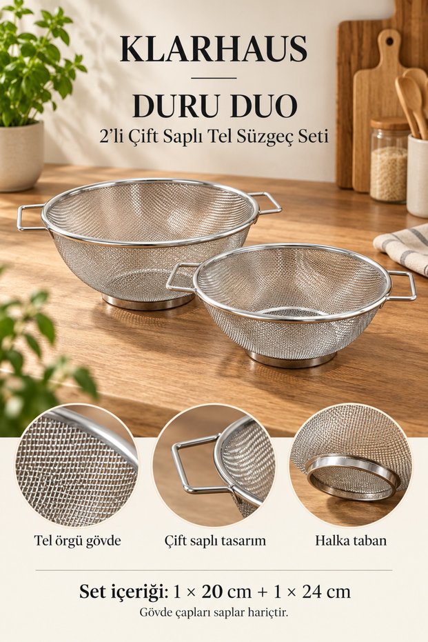 DURU DUO 2-Piece Stainless Steel Wire Strainer Set, 20 and 24 cm – Double-Handled Kitchen Strainer