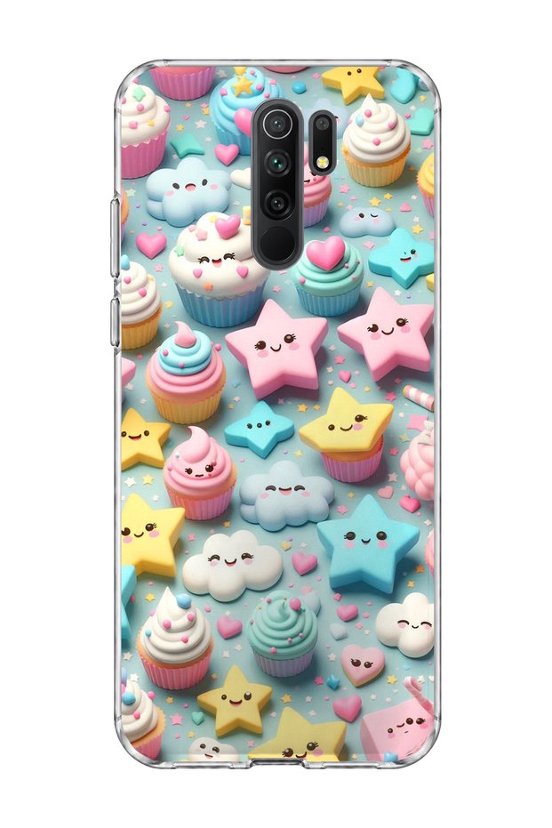 Redmi 9 Compatible Pastel Cake Star Printed Transparent Phone Case