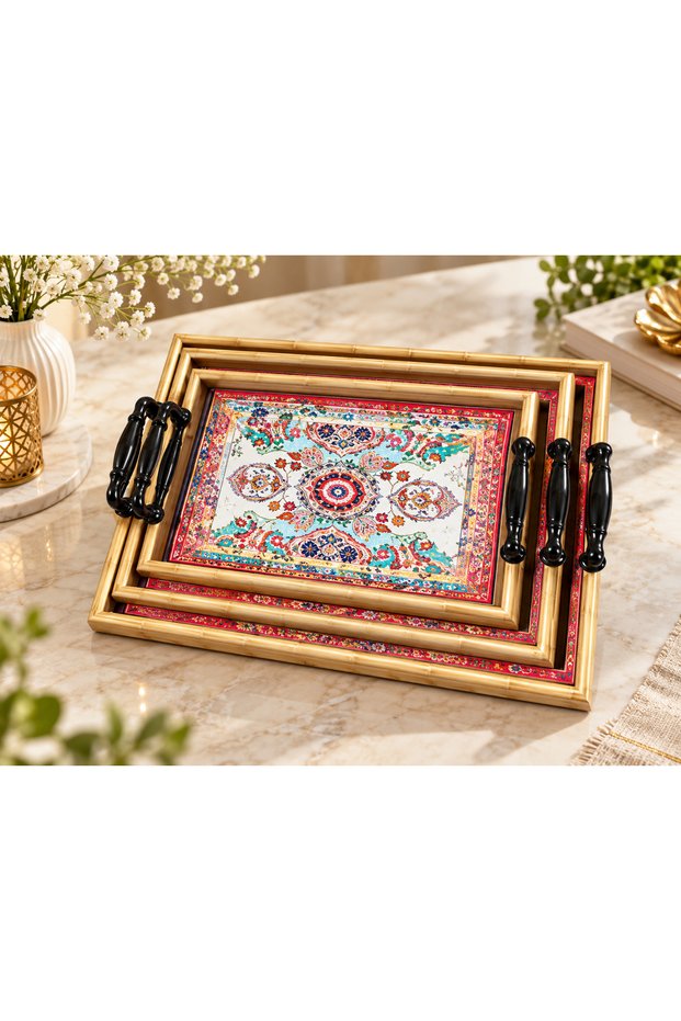 Ert-Bmb-206 Bamboo Tray with Motif Patterned Handles Set of 3 30X40 cm 25X35 cm 20X30 cm