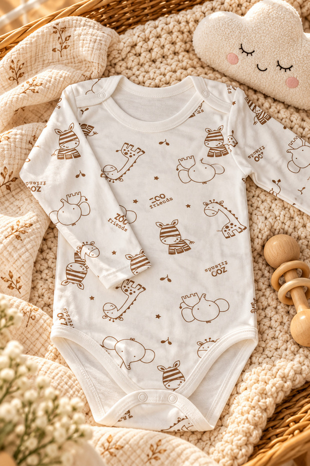 Long-Sleeved Snap Fastener Bodysuit 100% Cotton 1. Quality Fabric with Colorful Patterns 3-6 Years Old