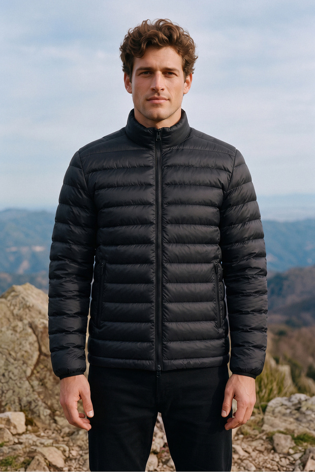 Men's Black Water and Wind Resistant Lightweight Puffer Jacket with Internal Pocket and Zipper