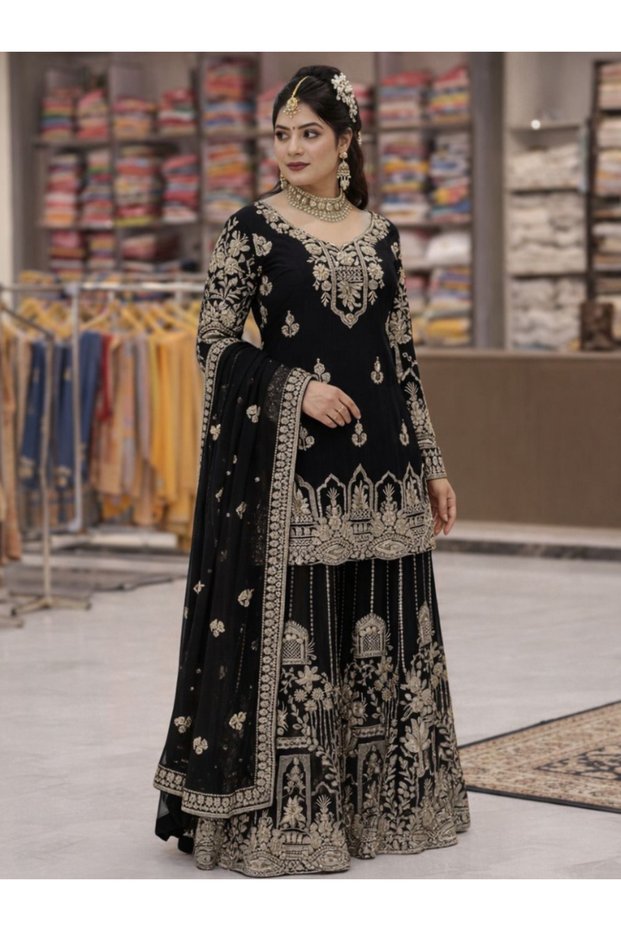 Black Faux Georgette Top Pent Dupatt Set - HRT7429 - Black-Size:M-38-Inches