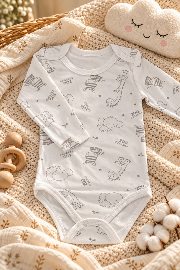 Long-Sleeved Snap Fastener Bodysuit 100% Cotton 1. Quality Fabric with Colorful Patterns 3-6 Years Old