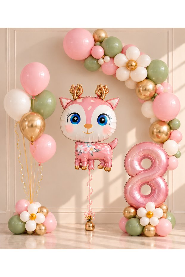 Party 8 Years Old Pink Deer 1-9 Years Birthday Balloon Set – Gold and Sage Green