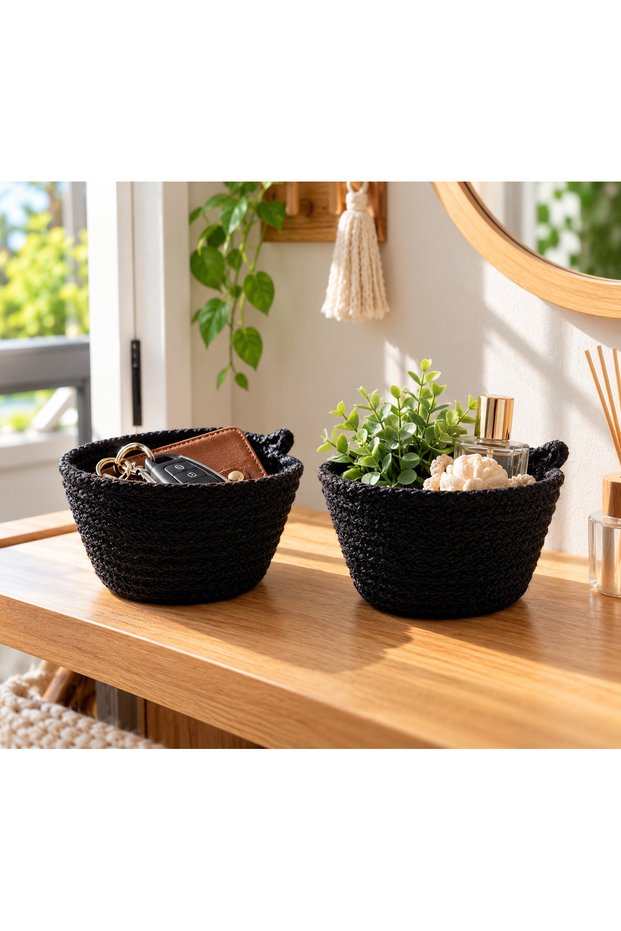 Handmade 12X6 cm Wicker Look Decorative Basket Set of 2, Multi-Purpose Mini Organizer for Bathroom and Home