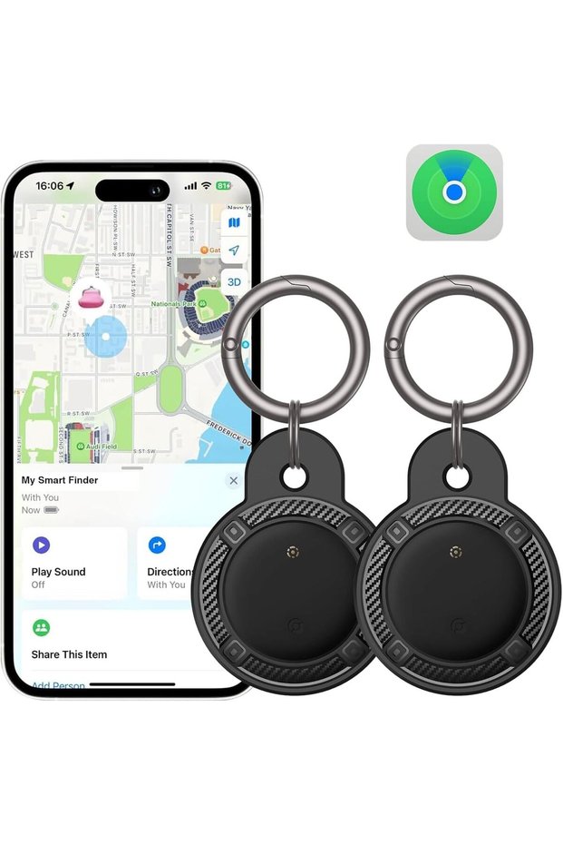 عبوة من قطعتين: أجهزة تتبع ذكية مع حافظة حماية، متوافقة مع تطبيق Find My (iOS فقط)، تعمل بتقنية البلوتوث