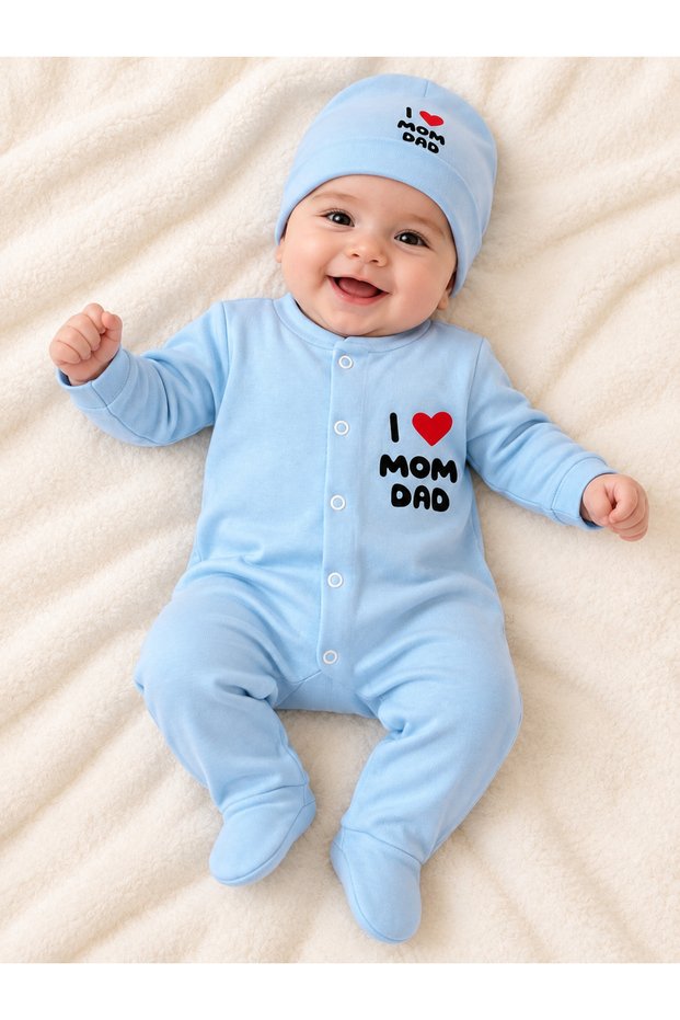 I Love Mom Dad Printed Baby Rompers with Hats and Booties Set of 2 0-6 Months Newborn