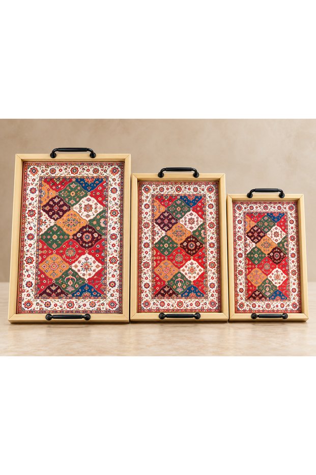 Ert-Bmb-204 Authentic Patterned Bamboo Tray with Handles Set of 3 30X40 cm 25X35 cm 20X30 cm