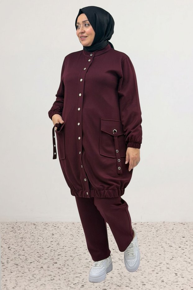 67077 Large Size Pocket Detail Modal Trousers Set with Stone Detail - Burgundy