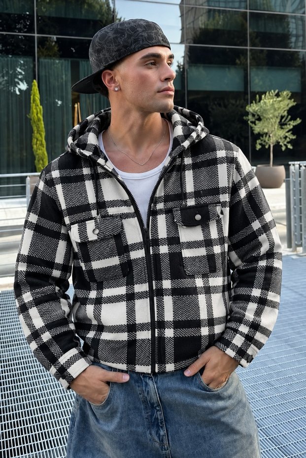 Men's Plaid Hooded Casual Zippered Anthracite Lumberjack Jacket