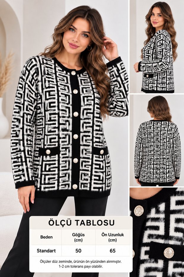 Women's Soft Textured Knitwear Cardigan with Geometric Pattern and Gold Buttons
