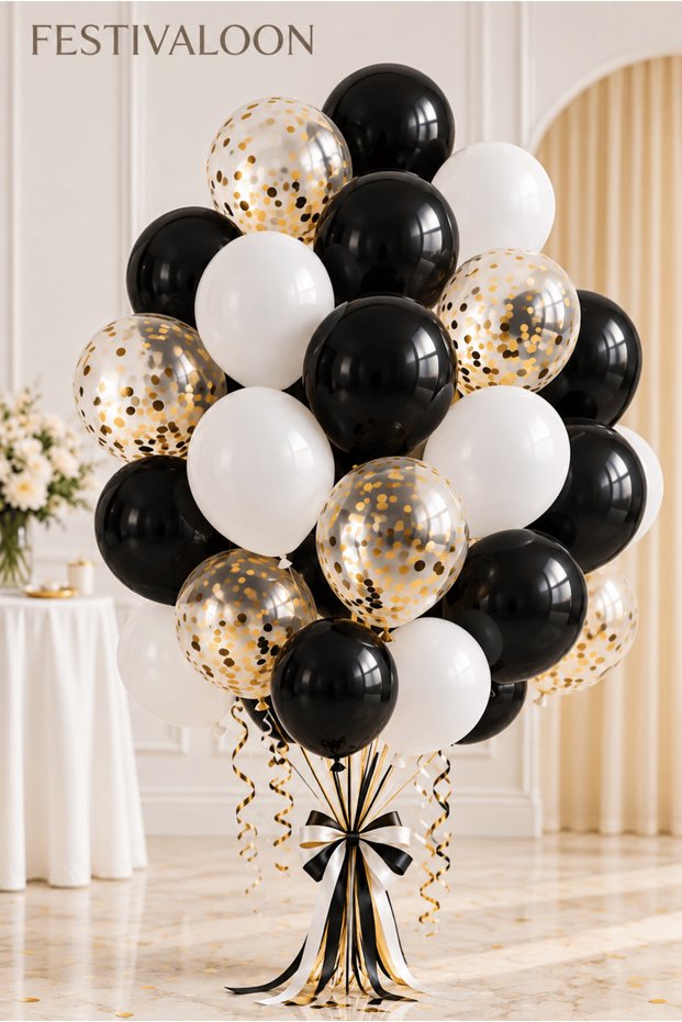 Set of 20 Black and White Transparent Balloons with Gold Confetti Engagement Promise Birthday Party Decoration