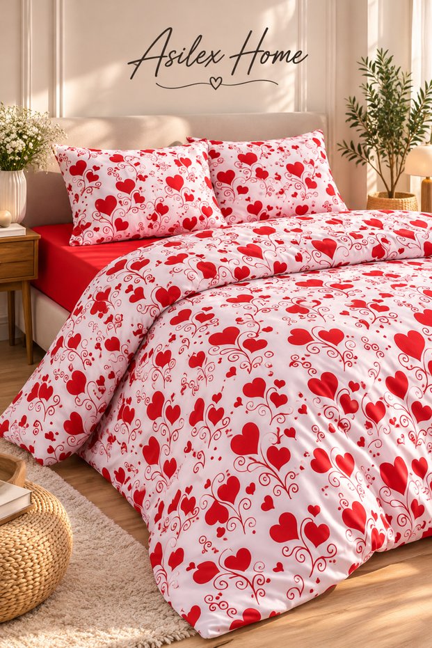 Double Size Heart Pattern Duvet Cover Set Solid Color with Flat Sheet 2Pcs Pillowcases Soft Texture Breathable Bedding Set