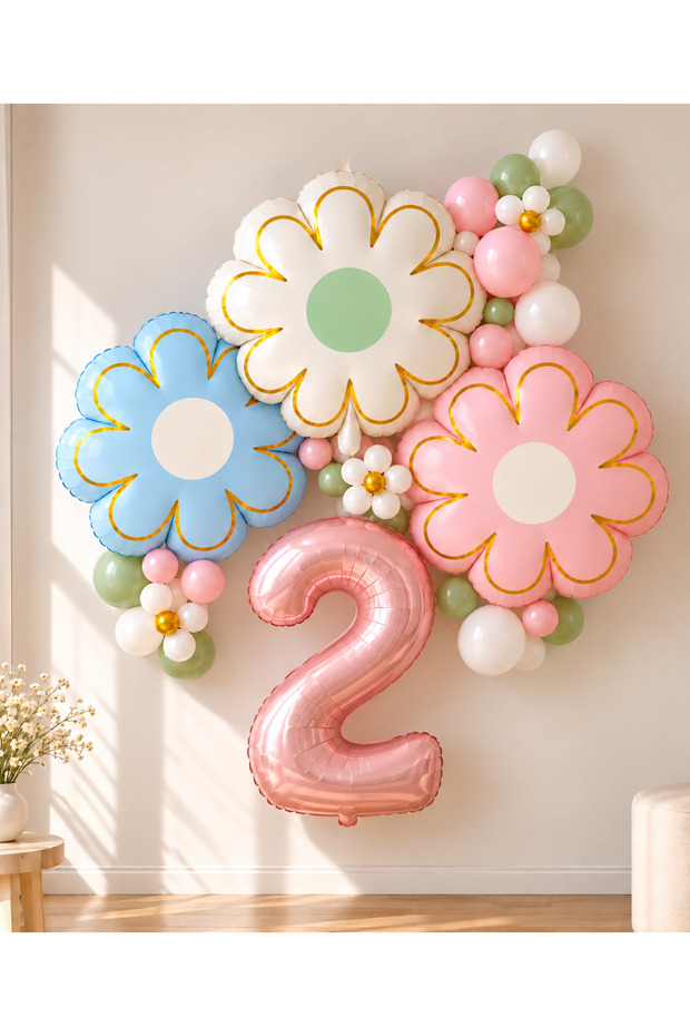 Party 2 Years Old Pastel Daisy Themed Birthday Balloon Set – Rose Gold Number Foil Balloon, Pink Blue Green Concept