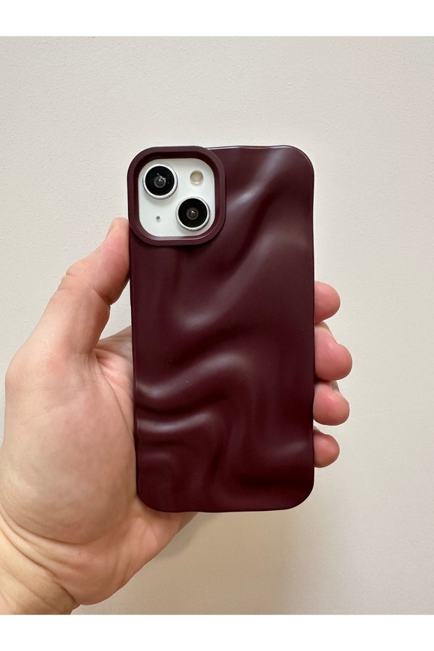 iPhone 15 Compatible Burgundy Soft Wavy Silicone Phone Case with Camera Protection Trendy Design