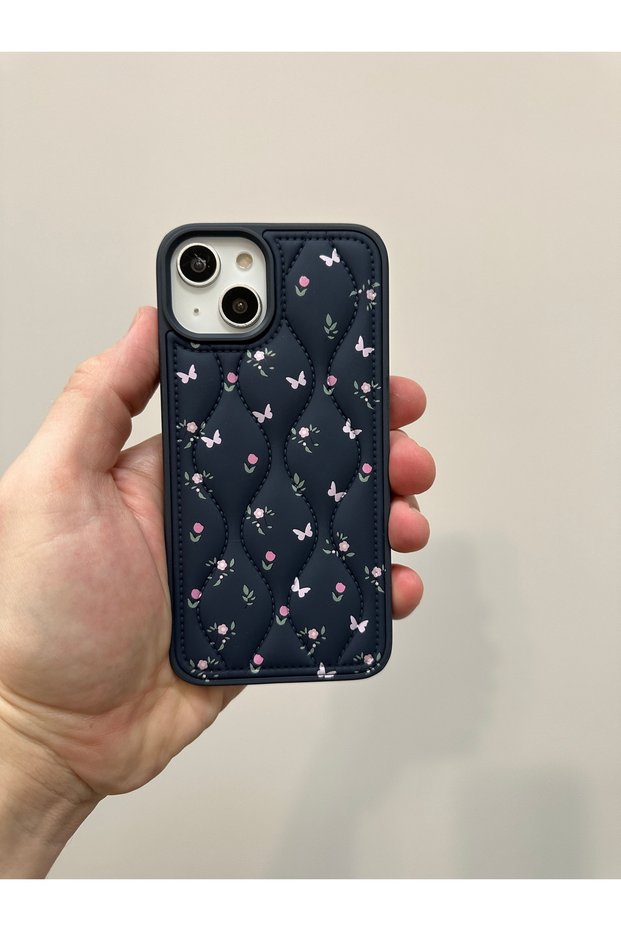 iPhone 13&14 Compatible Navy Blue Quilted Patterned Floral and Butterfly Premium Silicone Case