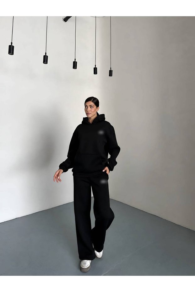 Muadil Hooded Kangaroo Pocket Embroidered Black Oversize Tracksuit Set