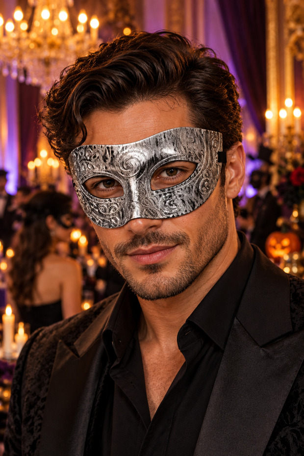 Men's Silver Venetian Ball Mask with Embossed Pattern Party Accessory Halloween Halloween