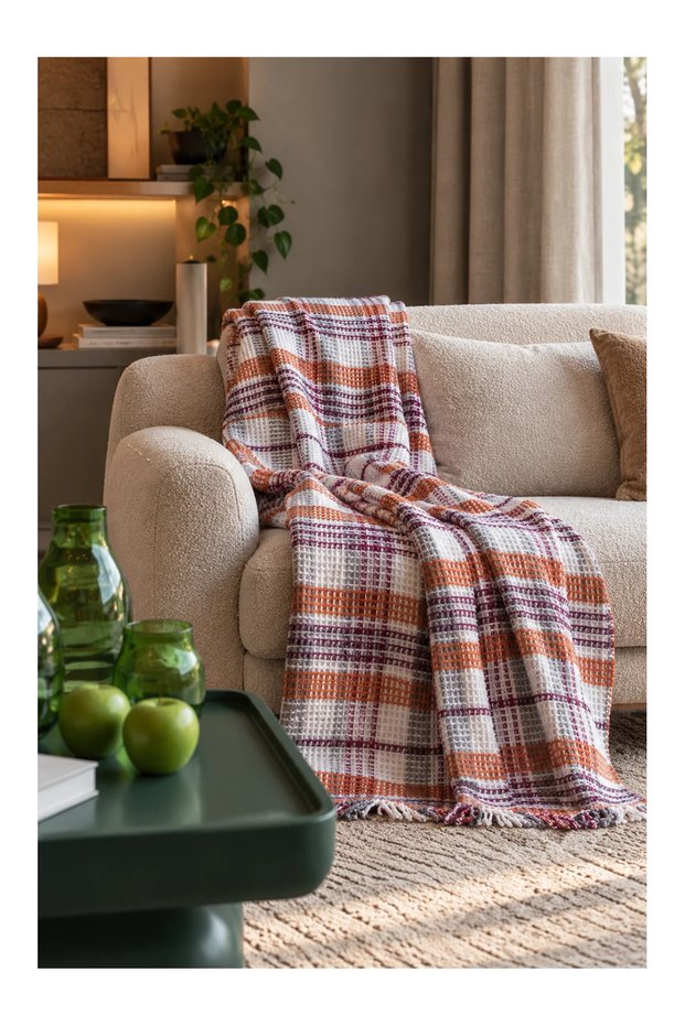 Scottish Plaid Patterned Tasseled Single Blanket Beige Brown 150X200 cm
