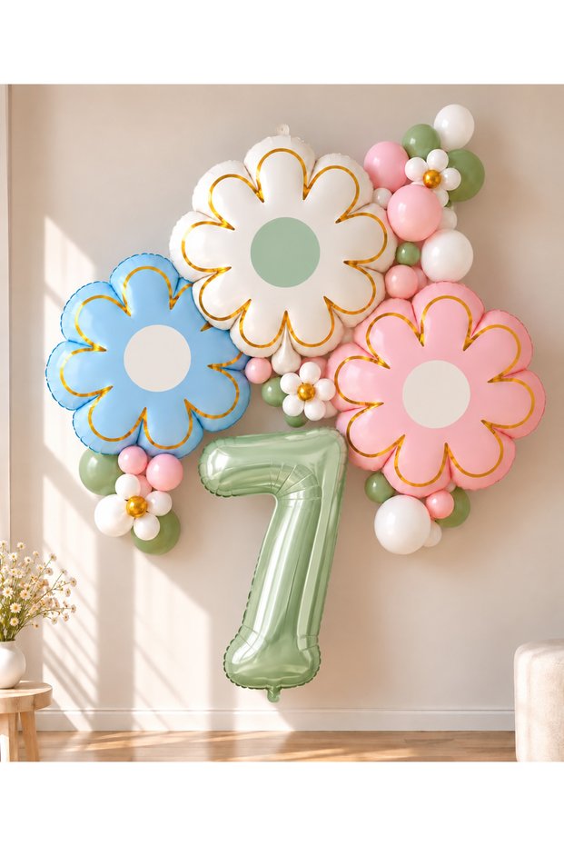 Party 7 Years Old Triple Daisy Foil Balloon Water Green Numbered Birthday Decoration Set (1-9 Years Old)