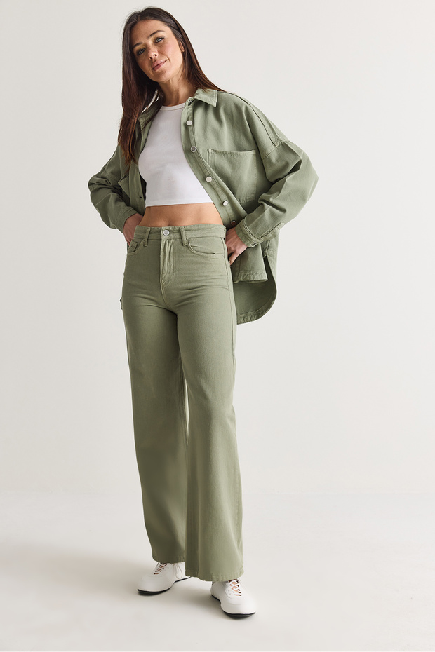 Women's Green High-Waisted Wide-Leg Loose-Fit Denim Trousers Yp4363 60286688