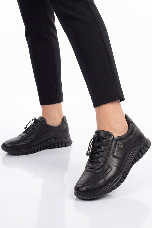 Orthopedic Comfortable Sole Rubber Laced Rubber Sole Black Genuine Leather Women's Casual Shoes 3620