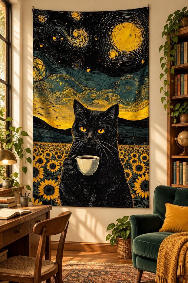 Starry Night Sunflower and Coffee Cat Art Digital Printed Stain Resistant Washable Fabric Wall Covering Wall Tapestry Decorative Tapestry