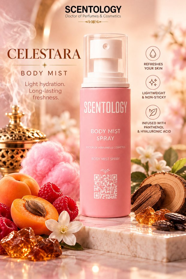 Scentology Celestara Body & Hair Mist Spray 200ml – Unisex Fruity Woody Fragrance with Panthenol & Hyaluronic Acid