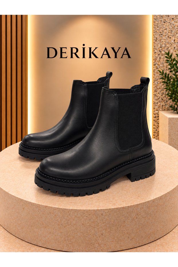 DERİ KAYA Kadın Siyah Hakiki Deri Chelsea Bot Lastikli Kalın Tabanlı ...