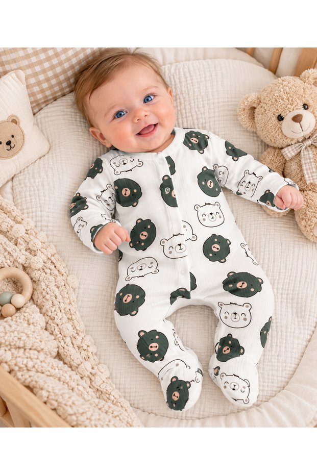 Green Teddy Bear Patterned Corduroy Snap Fastener Long Sleeve Booties Jumpsuit - 100% Cotton