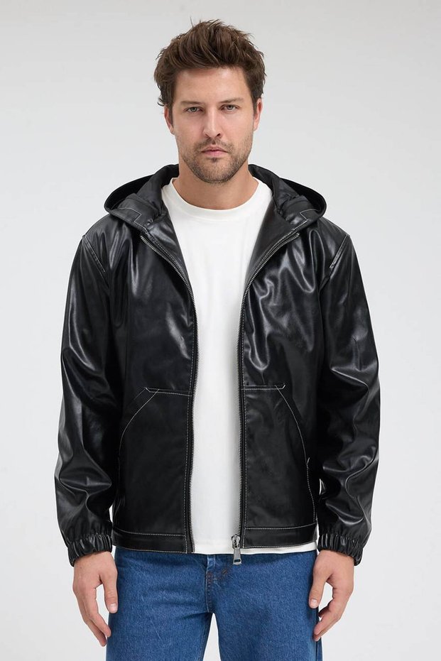 Men's genor oversize hooded leather jacket black