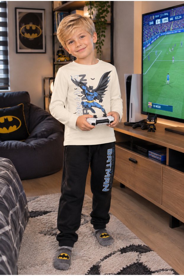 Boy's Batman Printed Pajama Set Cream Top Black Bottom Long Sleeve