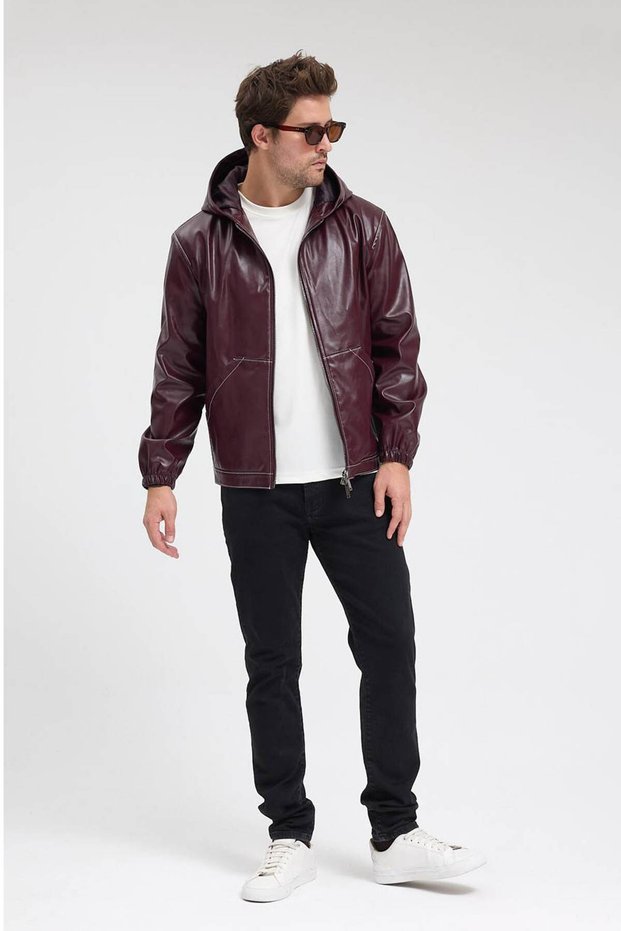 Men's genor oversized hooded leather jacket - burgundy