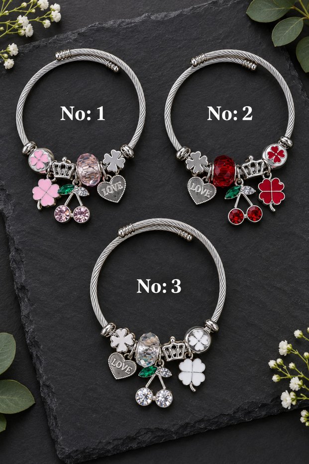 Women's Steel Cherry Charm Bracelet with Stone and Zircon Detail
