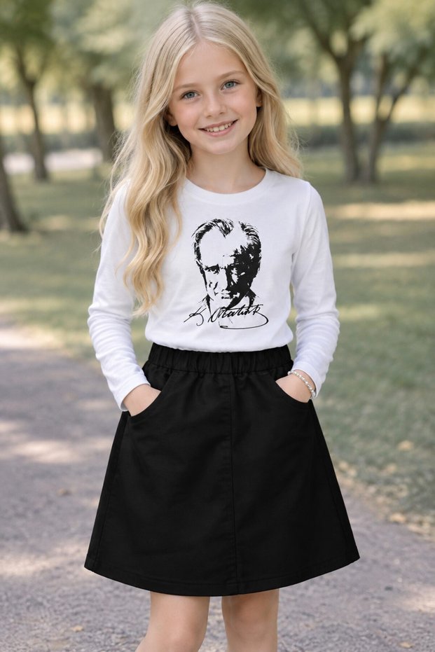 Lycra Elastic Linen Skirt and Long Sleeve Ataturk Printed T-Shirt