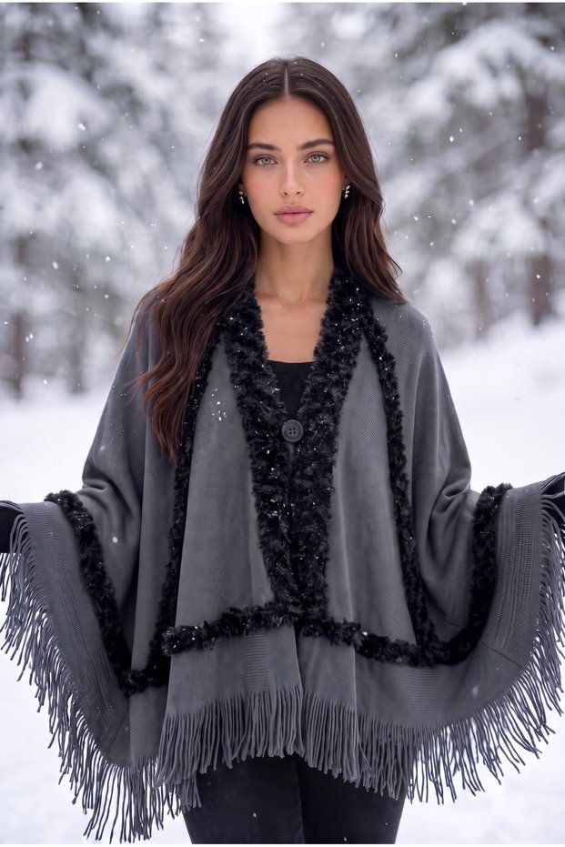 Fur Poncho Women's Fur Detailed Tasseled Triangle Shawl Poncho Knitwear Shoulder Shawl