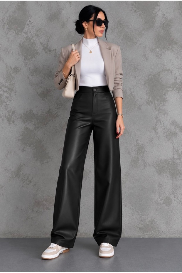 Women's Black High Waist Wide Leg Palazzo Leather Trousers Shardonlu