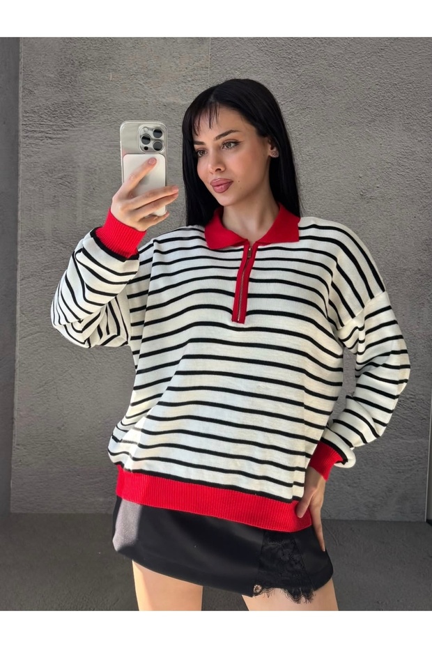 Red Polo Collar Striped Patterned Zippered Knit Sweater