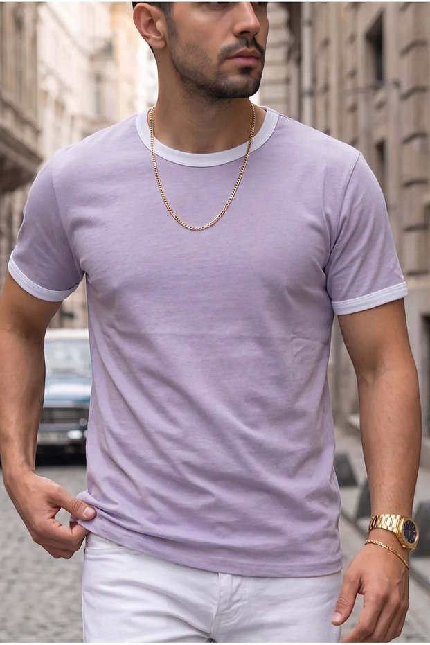 Men's lilac colored t-shirt with bicycle collar and sleeve detail regular t-shirt