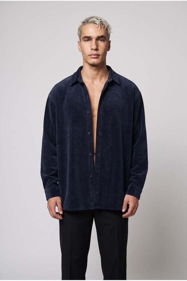 Men's Navy Blue Velvet Corded Fabric Soft Textured Loose Fit Oversized Drop Shoulder Shirt