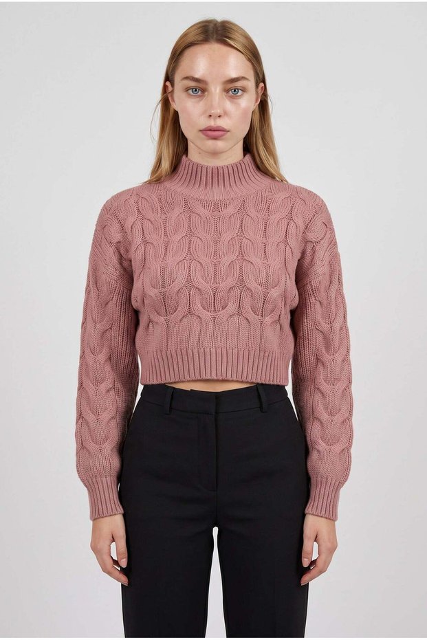 Women's Dusty Rose Thick Hair Knit Half Turtleneck Crop Sweater